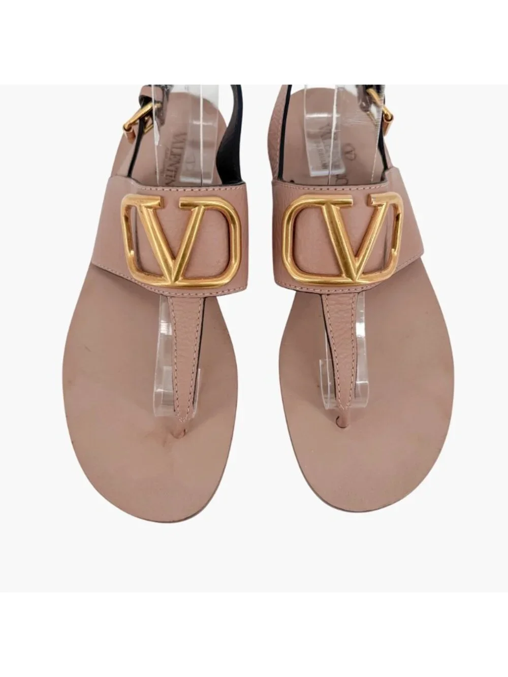 Valentino Garavani Vlogo Beige Leather T-Strap Flat Sandals Size 38 US 8 Women's